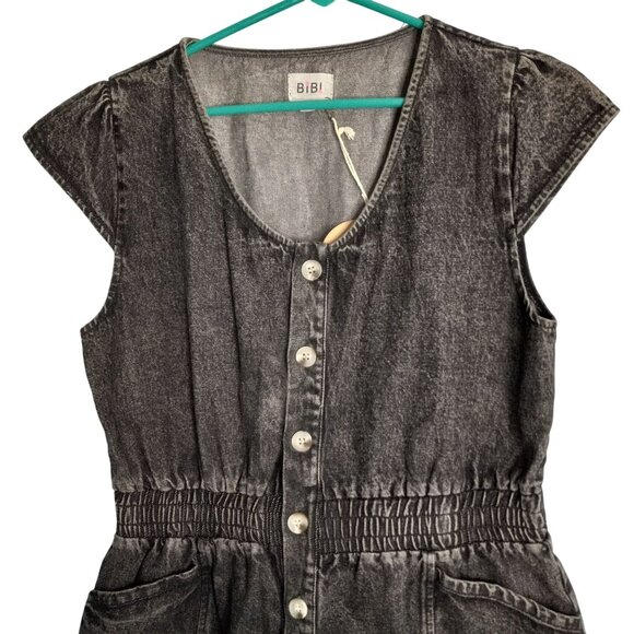 Bibi Size L Romper Black Denim Jean Button-Up Pockets Smocked Waist NEW - Picture 6 of 6